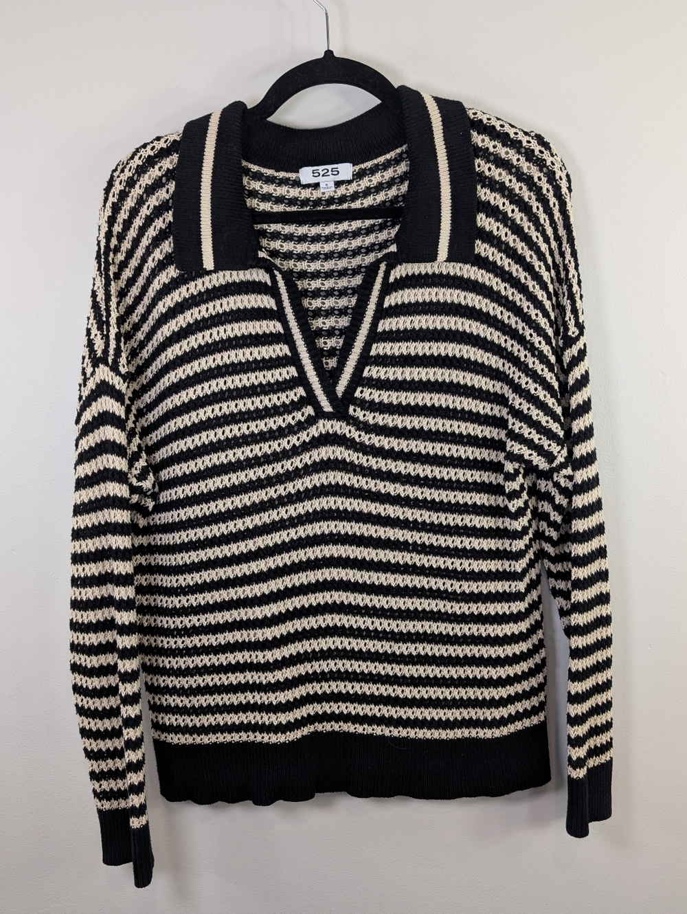 525 America Oversize Striped Polo Sweater - Black/Ivory - Small